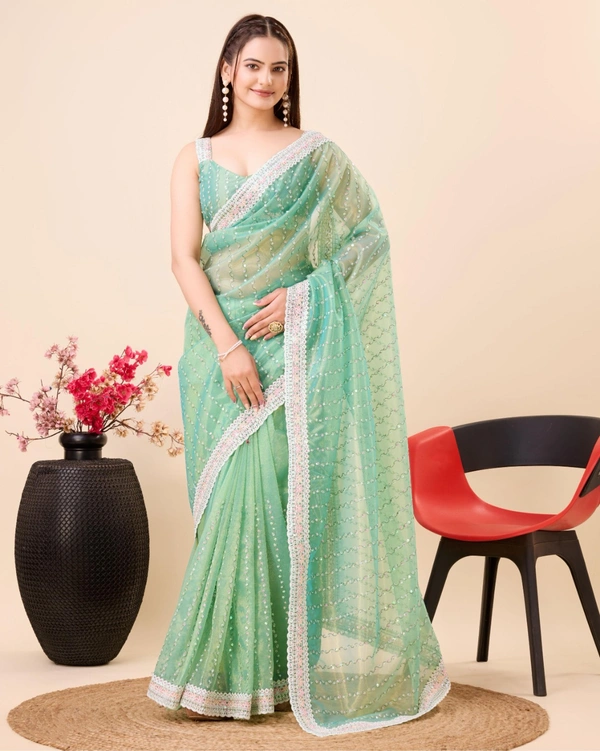 FWVLS PARTY WEAR SEQUINS EMBROIDERED SOFT NET SAREE WITH BLOUSE - Aqua Green