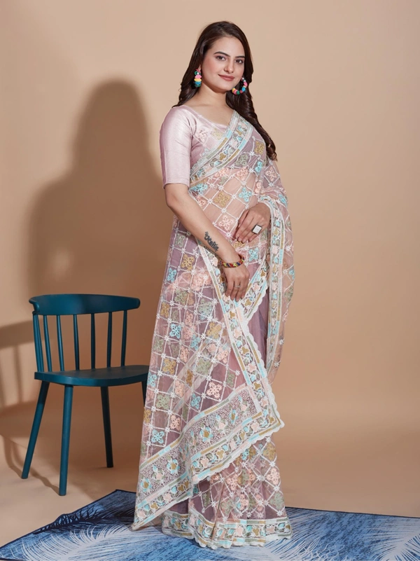 FWVLS BUTTERFLY NET PARTY WEAR EMBROIDRED SAREE WITH BLOUSE - Silk Pink