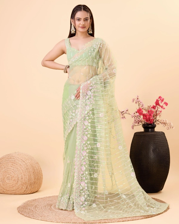 FWVLS PARTY WEAR SOFT NET EMBROIDERED DESIGNER SAREE WITH BLOUSE PIECE - Pista