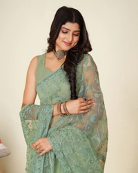 FWVLS SOFT NET CHIKANKARI EMBROIDRED SAREEE WITH BLOUSE PIECE - Pista