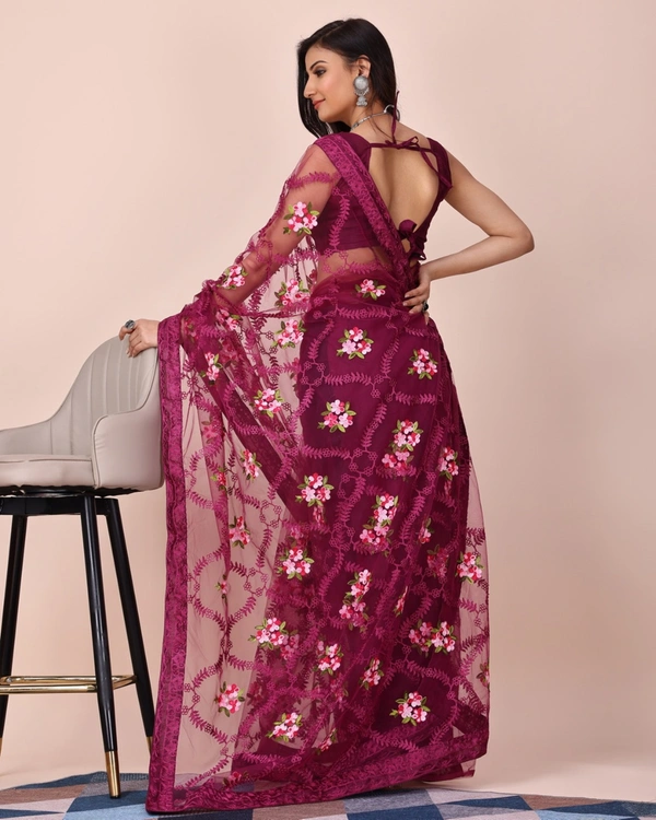 FWVLS CHIKANKARI EMBROIDERED SOFT NET SAREE WITH BLOUSE PIECE - Redish Purple