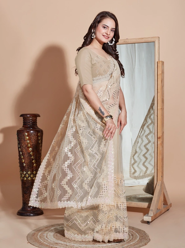 FWVLS DESIGNER SOFT NET SEQUINS WORK SAREE WITH BLOUSE PIECE - Cream