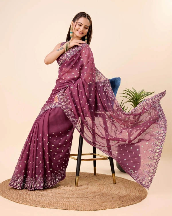 FWVLS PARTY WEAR TABBY SILK ORGANZA SAREE WITH BLOUSE PIECE - Wine