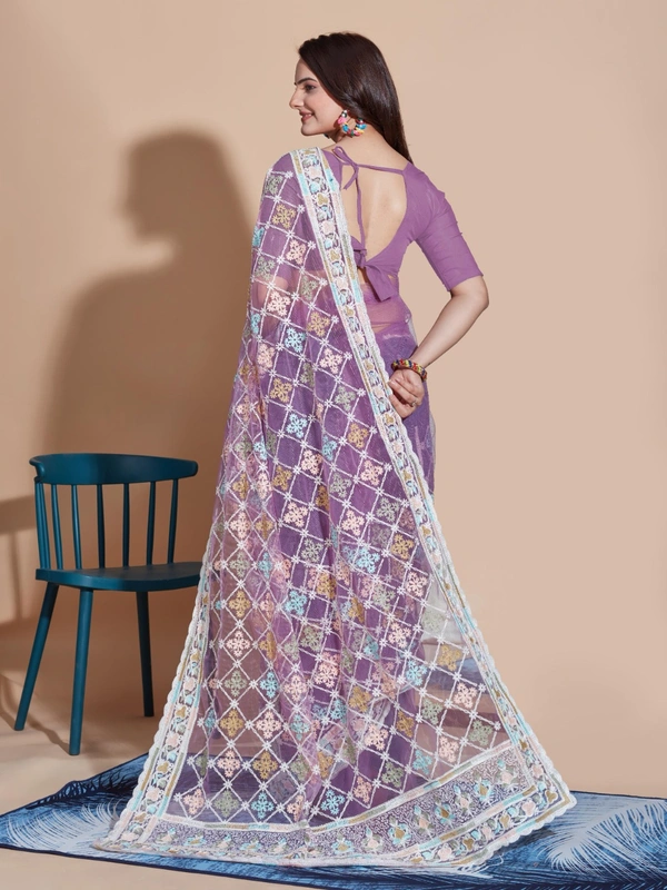 FWVLS BUTTERFLY NET PARTY WEAR EMBROIDRED SAREE WITH BLOUSE - Purple