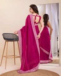FWVLS PARTY WEAR EMBROIDERED SAREE WITH BLOUSE PIECE  - Pinkish Red