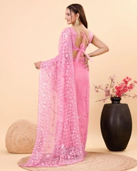 FWVLS PARTY WEAR SOFT NET EMBROIDERED DESIGNER SAREE WITH BLOUSE PIECE - Pink Salmon