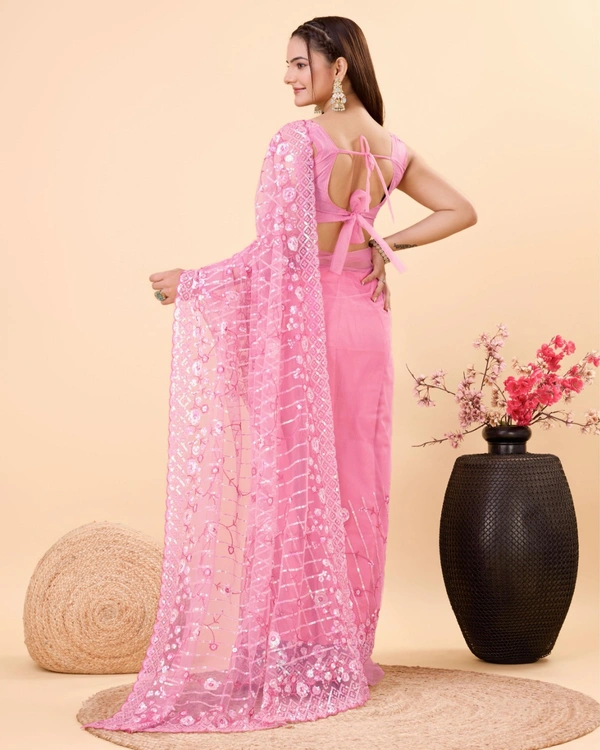 FWVLS PARTY WEAR SOFT NET EMBROIDERED DESIGNER SAREE WITH BLOUSE PIECE - Pink Salmon