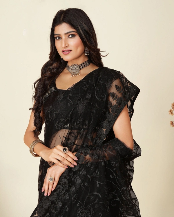 FWVLS SOFT NET CHIKANKARI EMBROIDRED SAREEE WITH BLOUSE PIECE - Black