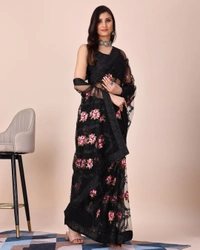 FWVLS CHIKANKARI EMBROIDERED SOFT NET SAREE WITH BLOUSE PIECE - Black