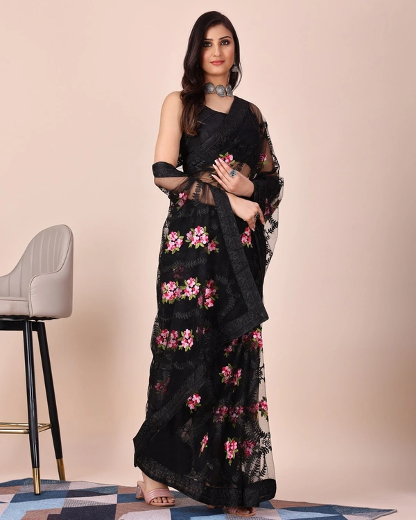 FWVLS CHIKANKARI EMBROIDERED SOFT NET SAREE WITH BLOUSE PIECE - Black
