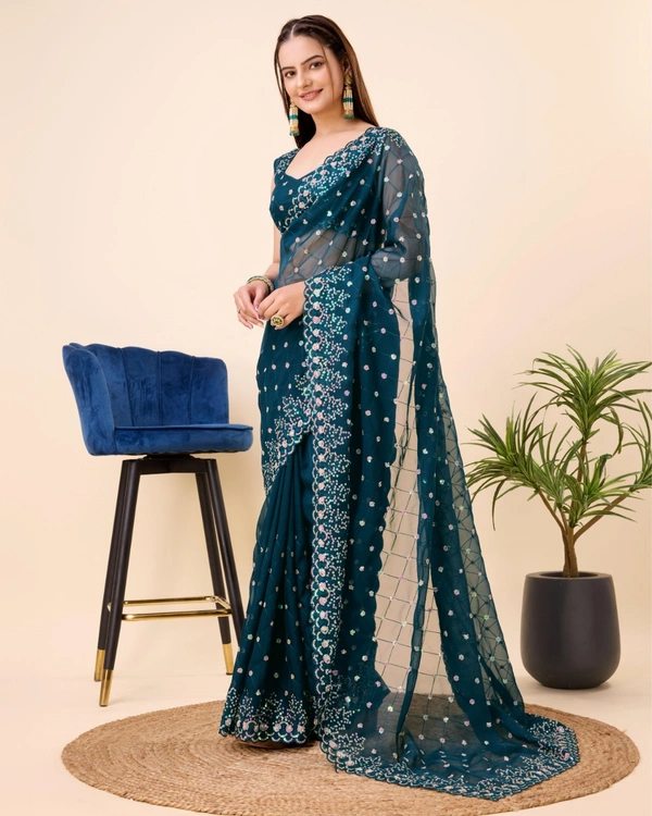 FWVLS PARTY WEAR TABBY SILK ORGANZA SAREE WITH BLOUSE PIECE - Blue