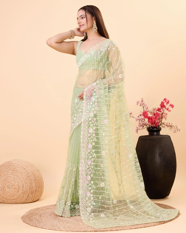 FWVLS PARTY WEAR SOFT NET EMBROIDERED DESIGNER SAREE WITH BLOUSE PIECE - Pista
