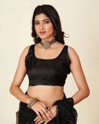 FWVLS SOFT NET CHIKANKARI EMBROIDRED SAREEE WITH BLOUSE PIECE - Black