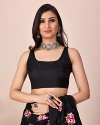 FWVLS CHIKANKARI EMBROIDERED SOFT NET SAREE WITH BLOUSE PIECE - Black