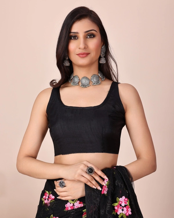 FWVLS CHIKANKARI EMBROIDERED SOFT NET SAREE WITH BLOUSE PIECE - Black