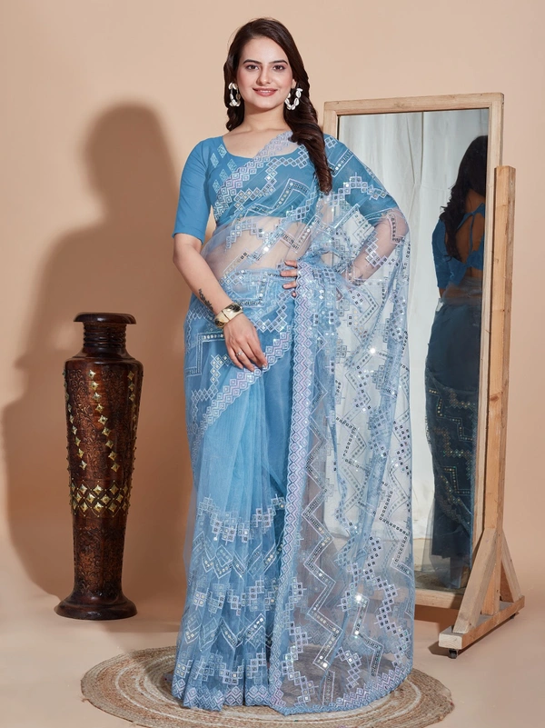 FWVLS DESIGNER SOFT NET SEQUINS WORK SAREE WITH BLOUSE PIECE - Blue