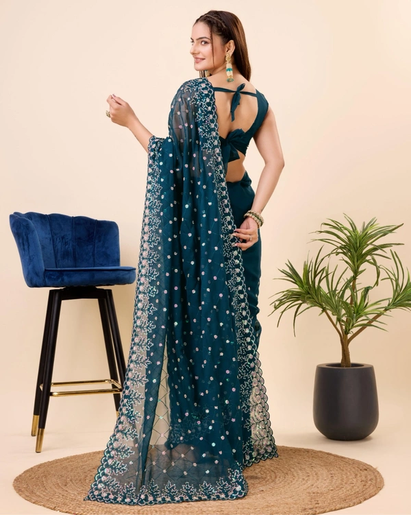 FWVLS PARTY WEAR TABBY SILK ORGANZA SAREE WITH BLOUSE PIECE - Blue