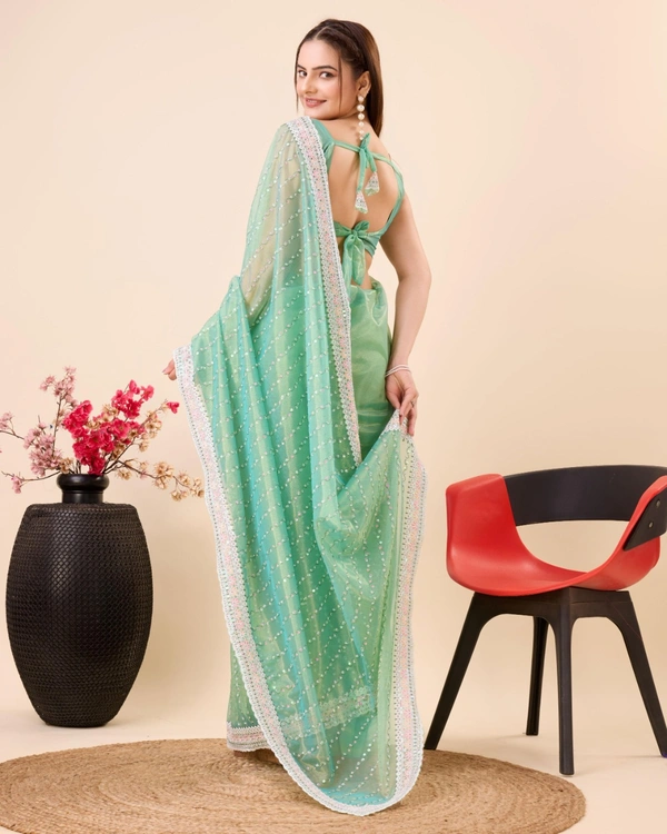 FWVLS PARTY WEAR SEQUINS EMBROIDERED SOFT NET SAREE WITH BLOUSE - Aqua Green
