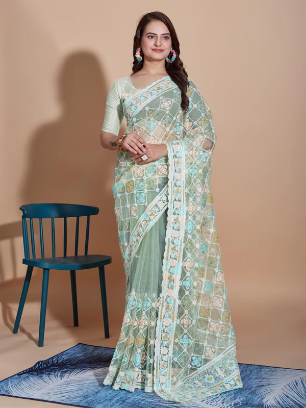 FWVLS BUTTERFLY NET PARTY WEAR EMBROIDRED SAREE WITH BLOUSE - Rainee Green