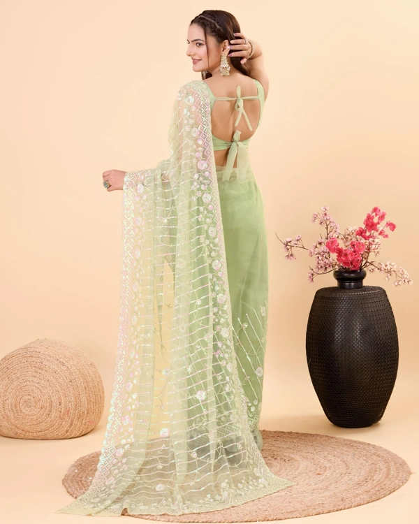 FWVLS PARTY WEAR SOFT NET EMBROIDERED DESIGNER SAREE WITH BLOUSE PIECE - Pista