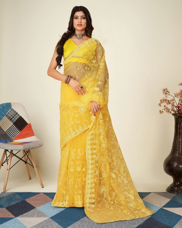 FWVLS SOFT NET CHIKANKARI EMBROIDRED SAREEE WITH BLOUSE PIECE - Yellow