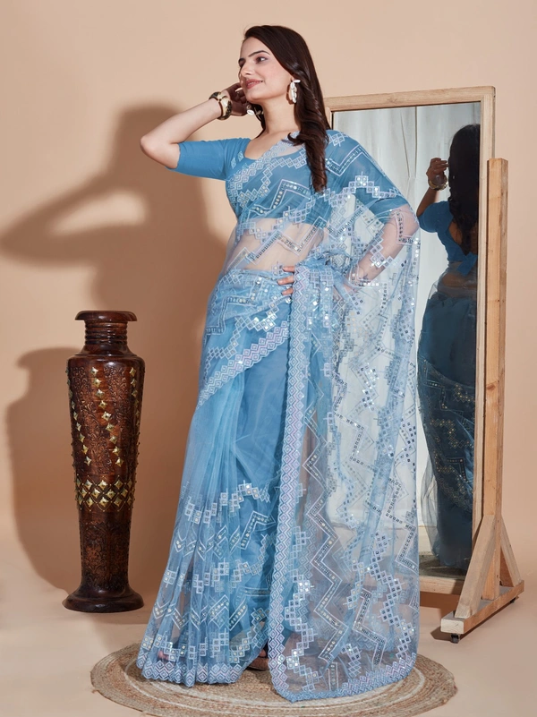 FWVLS DESIGNER SOFT NET SEQUINS WORK SAREE WITH BLOUSE PIECE - Blue