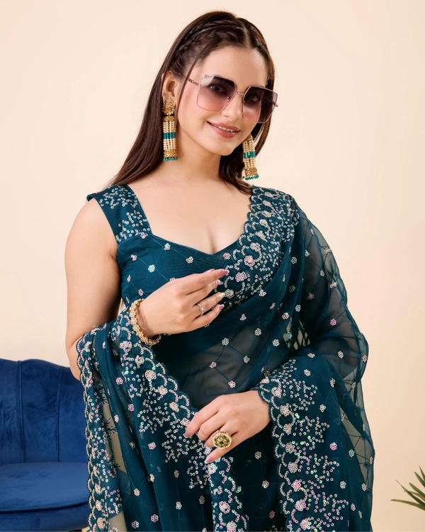 FWVLS PARTY WEAR TABBY SILK ORGANZA SAREE WITH BLOUSE PIECE - Blue