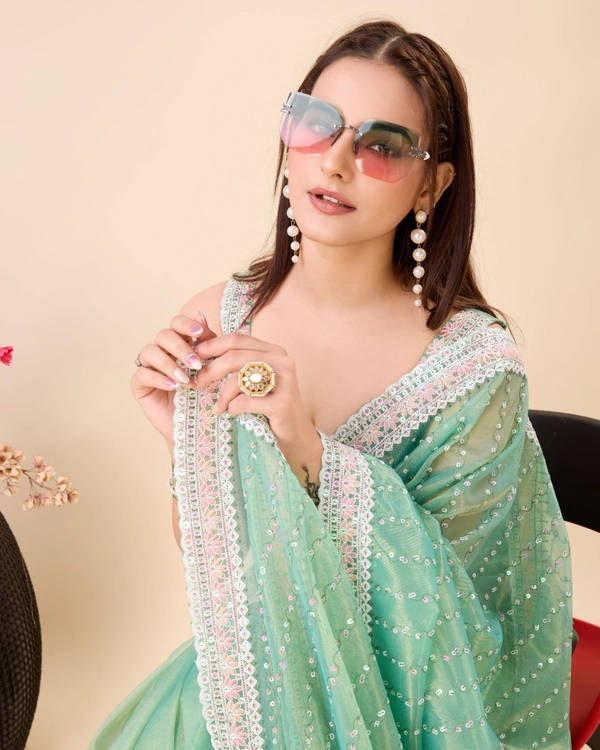 FWVLS PARTY WEAR SEQUINS EMBROIDERED SOFT NET SAREE WITH BLOUSE - Aqua Green