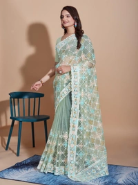 FWVLS BUTTERFLY NET PARTY WEAR EMBROIDRED SAREE WITH BLOUSE - Rainee Green