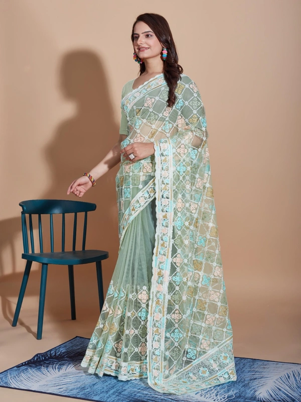 FWVLS BUTTERFLY NET PARTY WEAR EMBROIDRED SAREE WITH BLOUSE - Rainee Green
