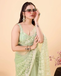 FWVLS PARTY WEAR SOFT NET EMBROIDERED DESIGNER SAREE WITH BLOUSE PIECE - Pista