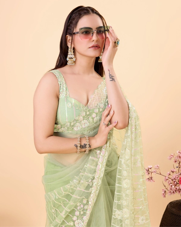 FWVLS PARTY WEAR SOFT NET EMBROIDERED DESIGNER SAREE WITH BLOUSE PIECE - Pista