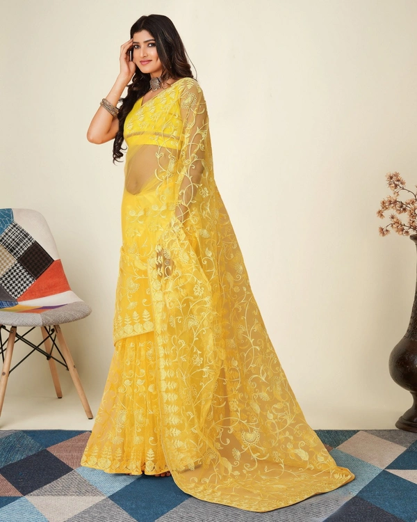 FWVLS SOFT NET CHIKANKARI EMBROIDRED SAREEE WITH BLOUSE PIECE - Yellow