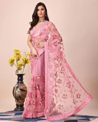 FWVLS CHIKANKARI EMBROIDERED SOFT NET SAREE WITH BLOUSE PIECE - Pink