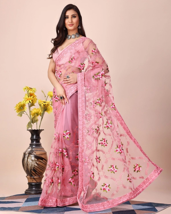 FWVLS CHIKANKARI EMBROIDERED SOFT NET SAREE WITH BLOUSE PIECE - Pink