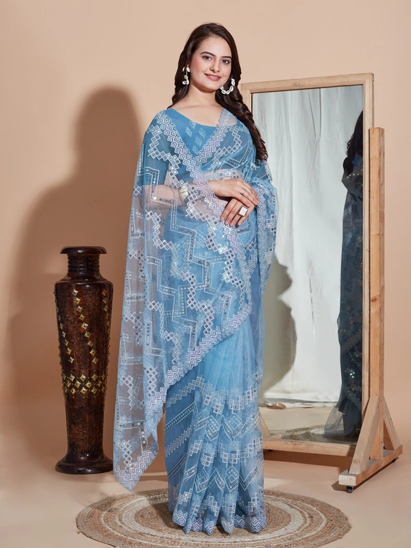 FWVLS DESIGNER SOFT NET SEQUINS WORK SAREE WITH BLOUSE PIECE - Blue