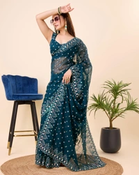 FWVLS PARTY WEAR TABBY SILK ORGANZA SAREE WITH BLOUSE PIECE - Blue