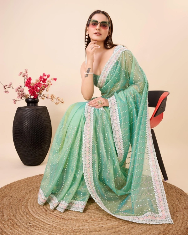 FWVLS PARTY WEAR SEQUINS EMBROIDERED SOFT NET SAREE WITH BLOUSE - Aqua Green
