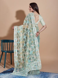 FWVLS BUTTERFLY NET PARTY WEAR EMBROIDRED SAREE WITH BLOUSE - Rainee Green