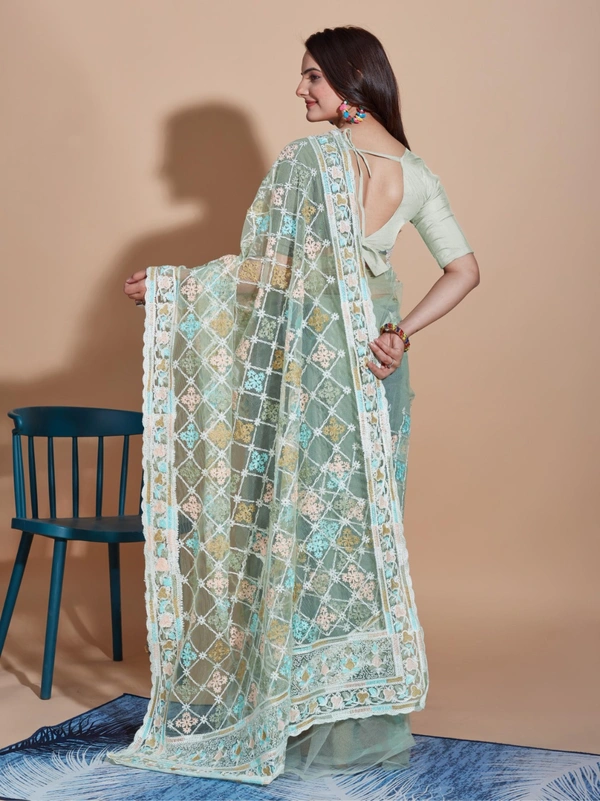 FWVLS BUTTERFLY NET PARTY WEAR EMBROIDRED SAREE WITH BLOUSE - Rainee Green