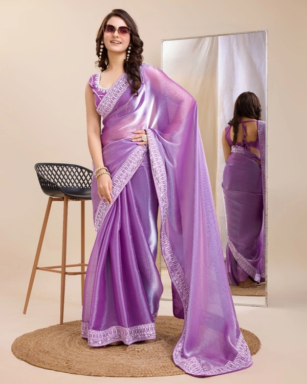FWVLS PARTY WEAR EMBROIDERED SAREE WITH BLOUSE PIECE  - Purple