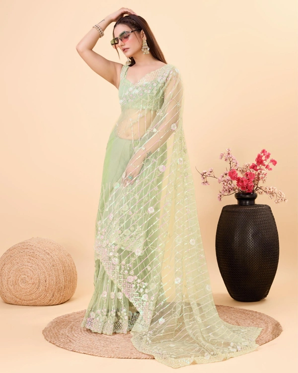 FWVLS PARTY WEAR SOFT NET EMBROIDERED DESIGNER SAREE WITH BLOUSE PIECE - Pista