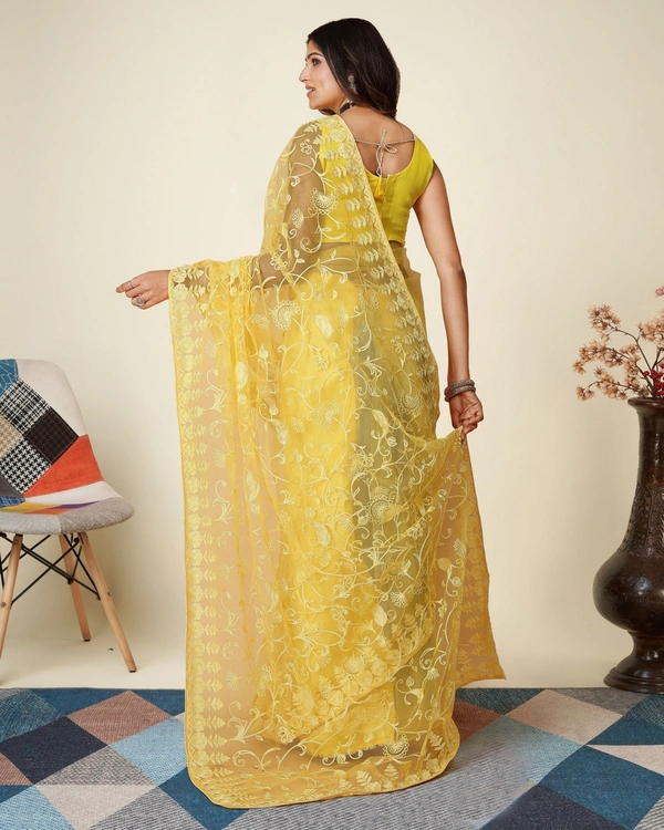 FWVLS SOFT NET CHIKANKARI EMBROIDRED SAREEE WITH BLOUSE PIECE - Yellow
