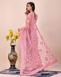 FWVLS CHIKANKARI EMBROIDERED SOFT NET SAREE WITH BLOUSE PIECE - Pink