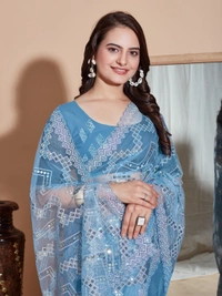 FWVLS DESIGNER SOFT NET SEQUINS WORK SAREE WITH BLOUSE PIECE - Blue