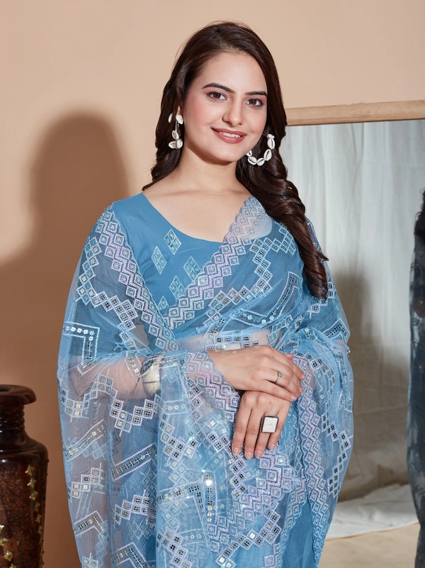 FWVLS DESIGNER SOFT NET SEQUINS WORK SAREE WITH BLOUSE PIECE - Blue