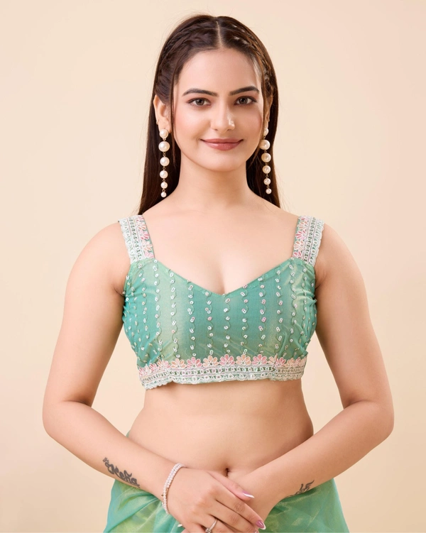 FWVLS PARTY WEAR SEQUINS EMBROIDERED SOFT NET SAREE WITH BLOUSE - Aqua Green