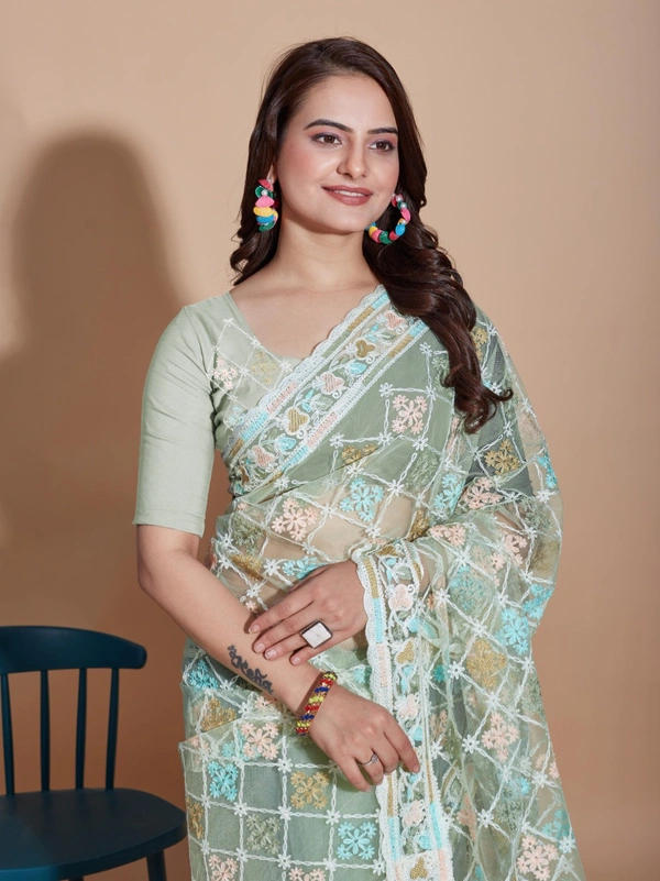 FWVLS BUTTERFLY NET PARTY WEAR EMBROIDRED SAREE WITH BLOUSE - Rainee Green