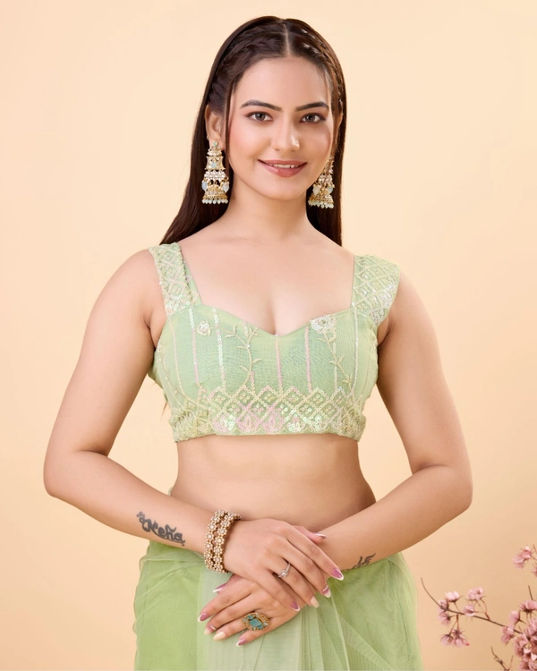 FWVLS PARTY WEAR SOFT NET EMBROIDERED DESIGNER SAREE WITH BLOUSE PIECE - Pista
