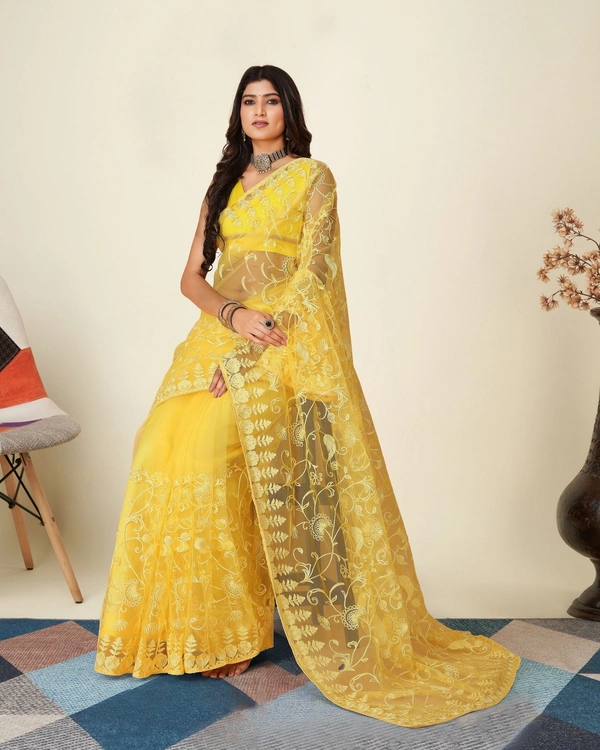 FWVLS SOFT NET CHIKANKARI EMBROIDRED SAREEE WITH BLOUSE PIECE - Yellow
